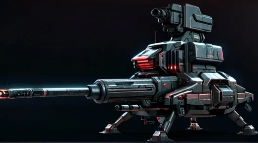 Prompt: Futuristic comic book illustration of a menacing single barreled turret weapon, with a sleek black background and ominous red lighting, detailed copper metallic texture, military artillery canon, high-tech futuristic weaponry, intense red glow, comic book style, 100mm, white aluminum metallic primary color, metallic copper brown secondary color, detailed concept art, professional, atmospheric lighting