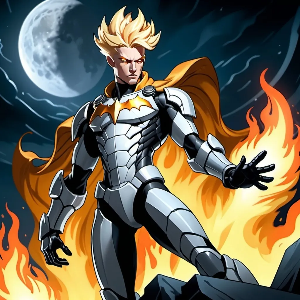 Prompt: Superhero in (futuristic blocky monochrome) white and gray armor, (hues of blazing orange), fluid white cape billowing around, posing heroically, blonde yellow hair styled in (1920s man hairstyle), hands ablaze with fiery orange flames, part of his torso burning, overlooking the dark abyss, soft moonlight casting dramatic reflections on his body, dark cinematic atmosphere, (comic book style) portrayal, conveying a sense of power and hope.