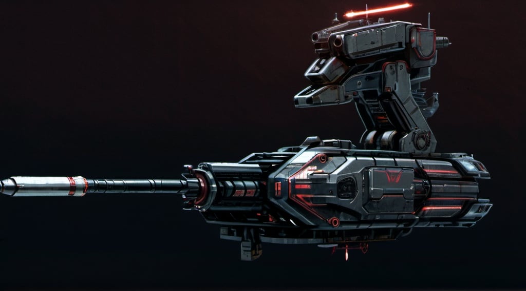 Prompt: Futuristic comic book illustration of a menacing single barreled turret weapon, with a sleek black background and ominous red lighting, detailed copper metallic texture, military artillery canon, high-tech futuristic weaponry, intense red glow, comic book style, 100mm, white aluminum metallic primary color, metallic copper brown secondary color, detailed concept art, professional, atmospheric lighting