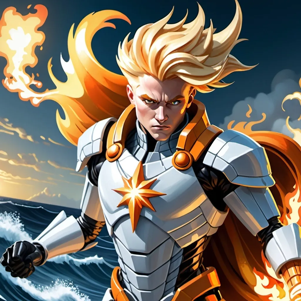 Prompt: Superhero in (futuristic blocky monochrome) white and gray armor, (hues of blazing orange), fluid white cape billowing around, posing heroically, blonde yellow hair styled in (1920s man hairstyle), hands ablaze with fiery orange flames, overlooking a vast Atlantic ocean, warm sunlight casting dramatic reflections on the water, dark cinematic atmosphere, (comic book style) portrayal, conveying a sense of power and hope.