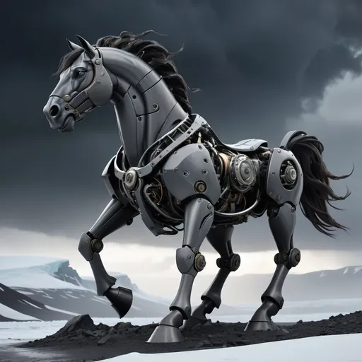 Prompt: (mechanical centaur a mech with lower horse body and with horse head), dark grey and black monochrome color scheme, standing menacingly, stormy skies, barren Antarctic landscape, dark swirling clouds, raging wind, icy textures, snow-covered ground, dynamic atmosphere, ominous energy, (highly detailed), cinematic lighting, (4K resolution), a sense of desolation and power, mechanical details glimmering in the storm.