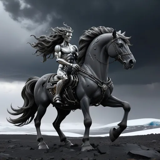 Prompt: (mechanical centaur with horse head), dark grey and black monochrome color scheme, standing menacingly, stormy skies, barren Antarctic landscape, dark swirling clouds, raging wind, icy textures, snow-covered ground, dynamic atmosphere, ominous energy, (highly detailed), cinematic lighting, (4K resolution), a sense of desolation and power, mechanical details glimmering in the storm.