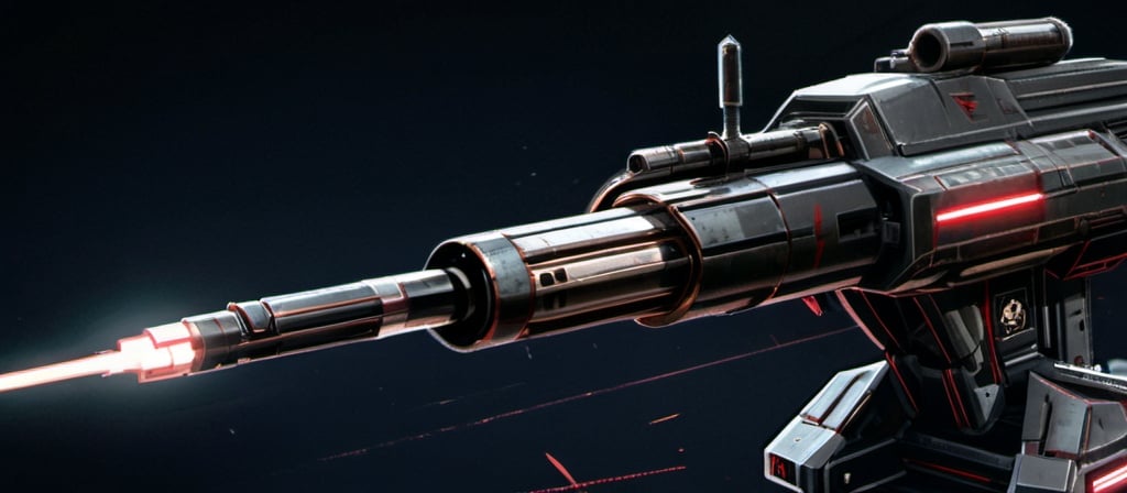 Prompt: Futuristic comic book illustration of a menacing single barreled turret weapon, with a sleek black background and ominous red lighting, detailed copper metallic texture, military artillery canon, high-tech futuristic weaponry, intense red glow, comic book style, 100mm, white aluminum metallic primary color, metallic copper brown secondary color, detailed concept art, professional, atmospheric lighting