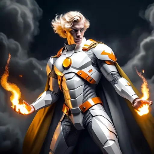 Prompt: Superhero in (retrofuturistic blocky monochrome) white and gray armor, (hues of blazing orange), fluid full pure white cape billowing around, posing with dignity, blonde yellow hair styled in 1920s classic man hairstyle, hands ablaze with fiery orange flames, part of his torso and armor burning with orange flames, overlooking the dark abyss, soft moonlight casting on his body, black eye, dark atmosphere, cell shading shadow zooming out (retro comic book style) portrayal, conveying a sense of will and hope.