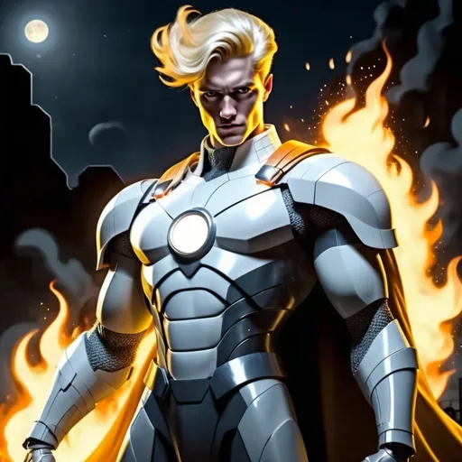 Prompt: Superhero in (retrofuturistic blocky monochrome) white and gray armor, (hues of blazing orange), fluid full pure white cape billowing around, posing with dignity, blonde yellow hair styled in 1920s classic gentleman hairstyle, hands ablaze with fiery orange flames, part of his torso and armor burning with orange flames, overlooking the dark abyss, soft moonlight casting on his body, black eye, dark atmosphere, cell shading shadow zooming out (retro comic book style) portrayal, conveying a sense of will and hope.