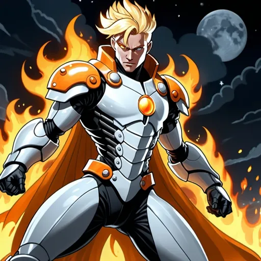 Prompt: Superhero in (futuristic blocky monochrome) white and gray armor, (hues of blazing orange), fluid full white cape billowing around, posing heroically, blonde yellow hair styled in (1920s classic man hairstyle), hands ablaze with fiery orange flames, part of his torso and armor burning with orange flames, overlooking the dark abyss, soft moonlight casting dramatic reflections on his body, dark cinematic atmosphere, (comic book style) portrayal, conveying a sense of power and hope.