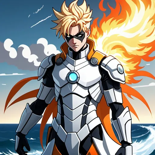 Prompt: Superhero in (futuristic blocky monochrome) white and gray armor, (hues of blazing orange), fluid white cape billowing around, posing heroically, blonde hair styled in (1920s man hairstyle), hands ablaze with fiery orange flames, overlooking a vast Atlantic ocean, warm sunlight casting dramatic reflections on the water, cinematic atmosphere, (comic book style) portrayal, conveying a sense of power and hope.