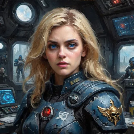 Prompt: She is sitting, high quality painting,  Rough Colourful pastel sketch drawing, (Full-body) oil painting portrait of human female with a face like young madonna and blonde hair, her eyes like Alexandra Daddario, she has psychic powers and wields lightning, she has an imperial arrogant attitude, behind her is her crew who are all male, (((Warhammer 40k))), wh40k, fierce expression, she wears black power armor suit with solid futuristic breastplate, large expressive eyes, Stoic epic pose, (piercing blue eyes), professional illustration, long blonde lush hair, painted, art, painterly, highly detailed eyes, (highly detailed facial features), (dark tones), highly detailed spaceship control room background, impressionist brushwork, inside a spaceship background, astra militarum imperial guard in background, grimdark, gothic fantasy, ornate officer's shoulder cape, highly detailed hands