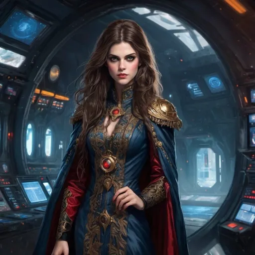 Prompt: High Quality Oil Painting, Imperium of Man, grimdark, Warhammer 40k, young and beautiful female Rogue Trader Captain, perfect body, face like a top model, perfectly beautiful face, eyes like Alexandra Daddario. wearing ornate noble robes with gothic vibe, skin tight robes, she is a powerful warp sorceress, standing on ornate spaceship, inside the spaceship control room, gothic vibe, grimdark, dark and gritty, cathedral-like spaceship hall, in window a single planet can be seen, military vibe, bare shoulders, wearing cape