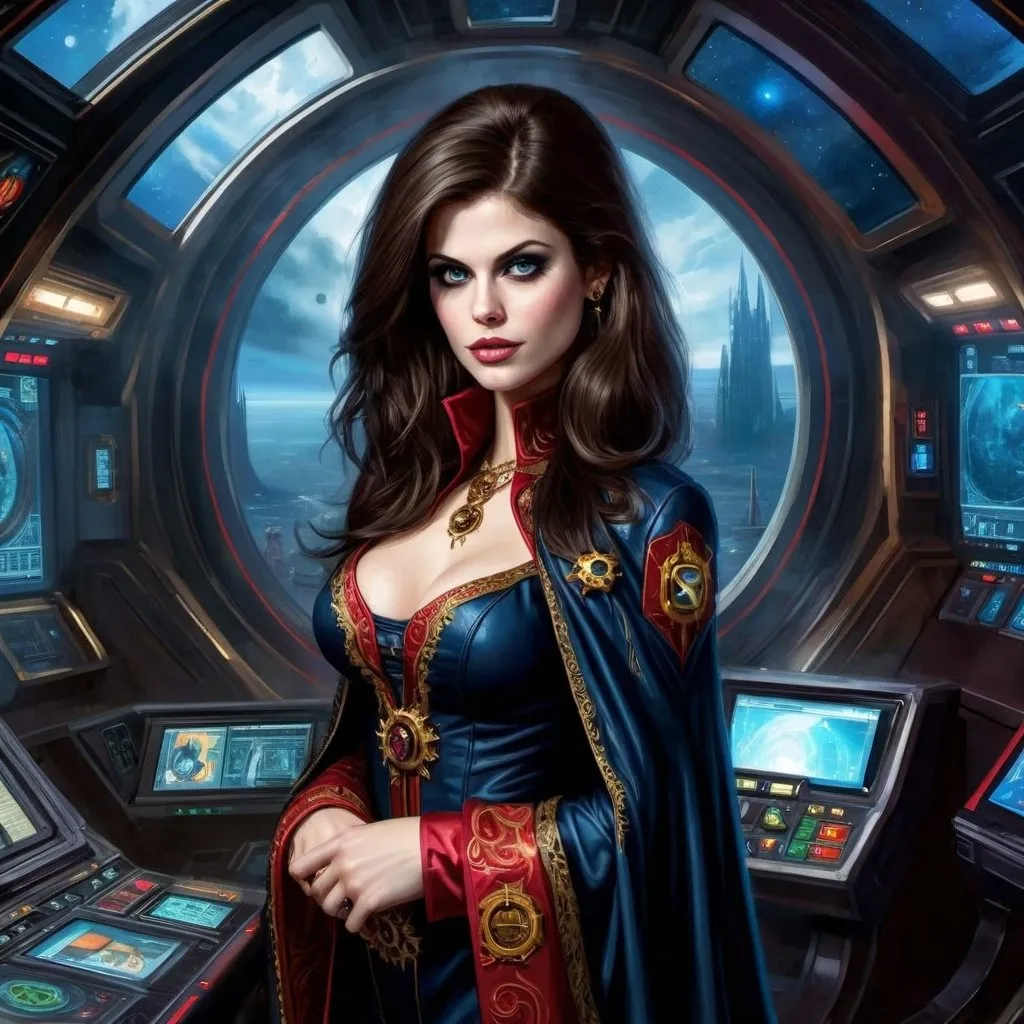 Prompt: High Quality Oil Painting, Warhammer 40k, young and beautiful female Rogue Trader Captain, perfect body, face like a top model, perfectly beautiful face, eyes like Alexandra Daddario. wearing ornate noble robes with gothic vibe, skin tight robes, she is a powerful warp sorceress, standing on ornate spaceship, inside the spaceship control room, gothic vibe, grimdark, dark and gritty, cathedral-like spaceship hall, in window a single planet can be seen, military vibe, bare shoulders, wearing cape