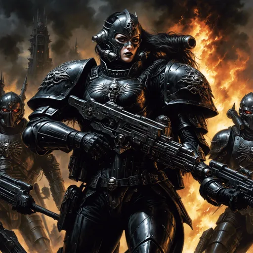 Prompt: she is a warhammer 40k spacemarine in power armor, behind her is a dark cloudy sky, Style of Luis Royo, beautiful female villain with defiant and intense expression, oil painting, Warhammer 40k, She looks regal and arrogant and hauntingly beautiful, face like Phoebe Tonkins, she wears black power armor suit with solid futuristic breastplate from warhammer 40k, supermassive power-armor like Brotherhood of Steel with cables and hydraulics, She is sitting and has TWO LEGS she is wearing BLACK POWER ARMOR, high quality painting,  Rough Colourful pastel sketch drawing, (Full-body) oil painting portrait,