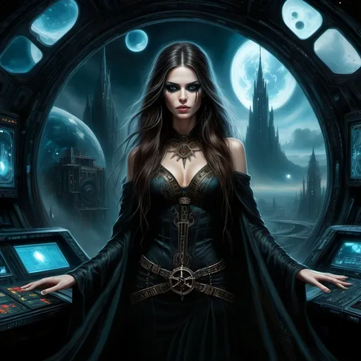 Prompt: High Quality Oil Painting, Warhammer 40k, she is occult, exposed shoulders, she is a psyker showing signs of chaos corruption, young and beautiful female Rogue Trader Captain, wearing opulent noble robes with gothic vibe, standing on ornate spaceship, inside the spaceship control room, gothic vibe, grimdark, window to spaceships, dark and gritty, cathedral-like spaceship hall, in window a single planet can be seen, military vibe