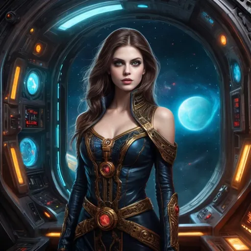 Prompt: High Quality Oil Painting, Warhammer 40k, young and beautiful female Rogue Trader Captain, perfect body, bare shoulders, face like a top model, perfectly beautiful face, eyes like Alexandra Daddario. wearing ornate noble robes with gothic vibe, skin tight robes, she is a powerful warp sorceress, standing on ornate spaceship, inside the spaceship control room, gothic vibe, grimdark, window to spaceships, dark and gritty, cathedral-like spaceship hall, in window a single planet can be seen, military vibe