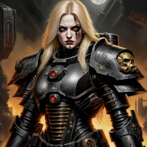 Prompt: oil painting, She looks regal and arrogant and hauntingly beautiful, she wears black power armor suit with solid futuristic breastplate, supermassive power-armor like Brotherhood of Steel with cables and hydraulics, high quality painting,  Rough Colourful pastel sketch drawing, she has an imperial arrogant attitude, (((Warhammer 40k))), wh40k, fierce expression, she wears black power armor suit with solid futuristic breastplate, large expressive eyes, high quality, high detail, oil painting, style of luis royo, She is beautiful, she looks sad like she has been crying, her eyes are clear expressive and piercing blue with great detail, she has surgically implanted computer parts like a cyborg, She is sitting, high quality painting,  Rough Colourful pastel sketch drawing, (Full-body) oil painting portrait of human female with a face like young madonna and blonde hair, her eyes like Alexandra Daddario, she is sitting on a spaceship throne chair the color of metal, she has an imperial arrogant attitude, , (((Warhammer 40k))), wh40k, fierce expression, she wears black power armor suit with solid futuristic breastplate, the power armor has tubes and cables similar to brotherhood of steel, large expressive eyes, Stoic epic pose, (piercing blue eyes), professional illustration, long blonde lush hair, painted, art, painterly, highly detailed eyes, (highly detailed facial features), (dark tones), highly detailed spaceship control room background, impressionist brushwork, inside a spaceship background, astra militarum imperial guard in background, behind her is her crew who are all male, grimdark, gothic fantasy, ornate officer's shoulder cape, highly detailed hands, blonde beautiful female villain with sultry expression, she is a psyker from warhammer 40k, her hand summons shroud energy, she is a powerful warp witch, dark evil energy, she is a warp demonology sorceress, warhammer 40k, she is a powerful warp witch, she has darkening around the eyes like she is sick, her eyes are deep blue