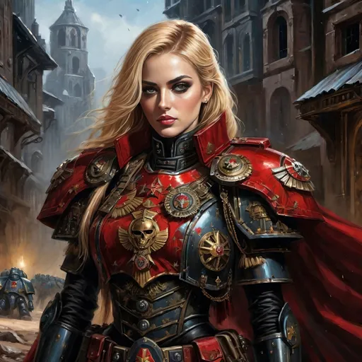 Prompt: Massive Spacemarine power armor suit, serious expression, (full-body) oil painting of attractive female human,(Full-body) oil painting portrait of human female ((Warhammer 40k commissar)), {40k imperial guard regiment} in background, (((Warhammer 40k))), wh40k, fierce expression, large expressive eyes, Stoic epic standing pose, (piercing blue eyes), professional illustration, long blonde lush hair, painted, art, painterly, {40k imperial guard commissar}, ((heavy flak armor)) {chest piece} breastplate, ornate red and black trench-coat decorated with military medals, ornate military epaulets with ({gold tassels}), highly detailed eyes, (highly detailed facial features), (dark tones), highly detailed dark war zone background, impressionist brushwork, dark battlefield background, outside, exterior, astra militarum imperial guard, active war zone background, (wh40k imperial guard) regiment in background, grimdark, gothic fantasy, ornate officer's shoulder cape, highly detailed hands, (40k {imperial guardsmen} {astra militarum} in background), 