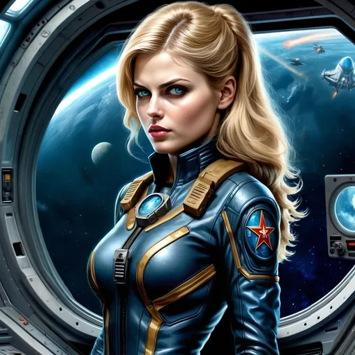 Prompt: warhammer 40k, beautiful face, eyes like alexandra daddario, high quality oil painting, attractive female psyker, blonde hair, sanctioned psyker officer from imperium of man, wearing gothic occultist robe officer uniform, grimdark, gritty, sanctioned psyker officer from imperium of man, standing in spaceship hallway next to window to space, planet and spaceships visible in window, dangerous gleam in big expressive detailed eyes, small chest, narrow frame