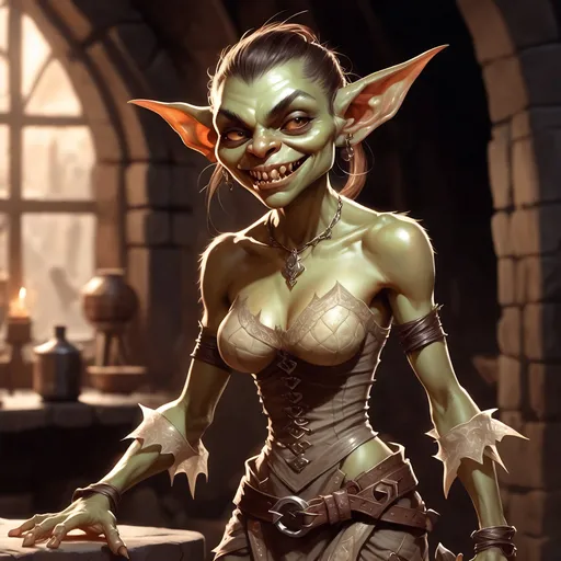 Prompt: dungeons and dragons fantasy art, very short female goblin character standing in a tavern, fantasy character art, illustration, dnd, warm tone, she is wearing short dress with bare shoulders and stomach, she has has light greenish/brown skin and tiny tusks