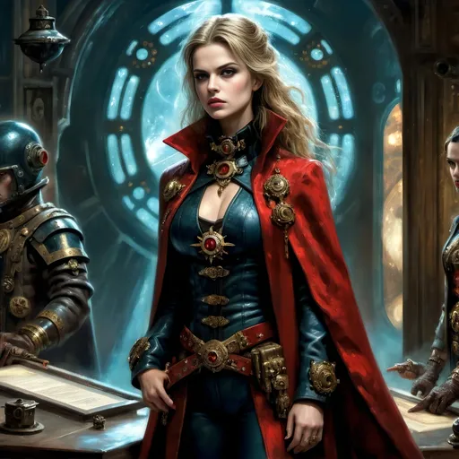 Prompt: warhammer 40k, female psyker, imperium of man, gothic, she is standing in spaceship control room in front of a window where spaceships and a planet is visible, powerful warp sorceress, deep blue eyes, wearing (gothic) military uniform, (full-body) oil painting of attractive female human, in the background is imperial officers, female psionic wielding magic warp power, warhammer psyker, face similar to charlize theron and Phoebe Tonkin, Alexandra Daddario, Ariana Grande, Natalie Portman, "warhammer 40000", narrow frame, summoning warp energies with one hand, calm serious albeit haunted expression, attractive detailed face, big expressive eyes, haunted expression, dark moody atmospheric lighting, highly detailed background, dark gritty tones, highly detailed, professional illustration, painted, art, painterly, impressionist brushwork, thick blonde hair, , ((piercing blue eyes)), wearing red cape