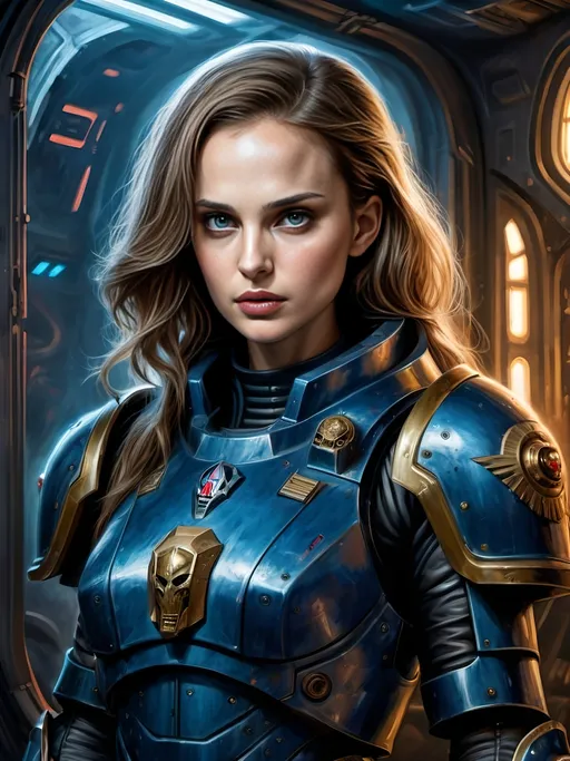 Prompt: Massive Spacemarine power armor suit, serious expression, (full-body) oil painting of attractive female human, , warhammer 40k, standing in spaceship with a window behind her with a space battle, female psyker,  imperium of man, Rogue Trader, gothic, deep blue eyes, face similar to charlize theron and Phoebe Tonkin, Alexandra Daddario, Ariana Grande, Natalie Portman, "warhammer 40000", narrow frame, calm serious albeit haunted expression, attractive detailed face, big expressive eyes, haunted expression, dark moody atmospheric lighting, highly detailed background, dark gritty tones, highly detailed, professional illustration, painted, art, painterly, impressionist brushwork, thick blonde hair, , ((piercing blue eyes))