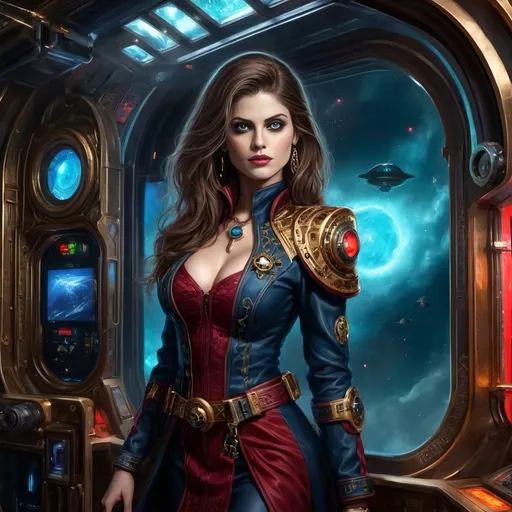Prompt: High Quality Oil Painting, Warhammer 40k, young and beautiful female Rogue Trader Captain, perfect body, face like a top model, perfectly beautiful face, eyes like Alexandra Daddario. wearing ornate noble robes with gothic vibe, skin tight robes, she is a powerful warp sorceress, standing on ornate spaceship, inside the spaceship control room, gothic vibe, grimdark, dark and gritty, cathedral-like spaceship hall, in window a single planet can be seen, military vibe