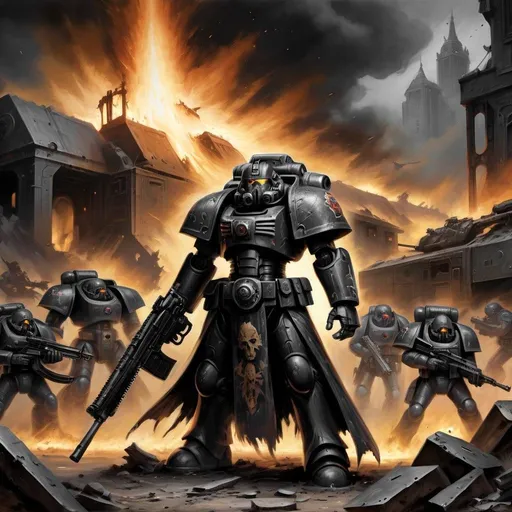 Prompt: oil painting portrait, highly detailed dark war zone background,  wielding a gun, wearing supermassive plate power armor that is black, Warhammer 40k, Imperium of Man, full body view, grimdark, gothic fantasy, highly detailed eyes, (highly detailed facial features), (dark tones), wearing ornate robes and skintight pants,  impressionist brushwork, dark battlefield background, outside, exterior, astra militarum imperial guard, active war zone background, (((Warhammer 40k))), wh40k, fierce expression, large expressive eyes, Stoic epic standing pose, (piercing blue eyes), professional illustration, painted, art, painterly,