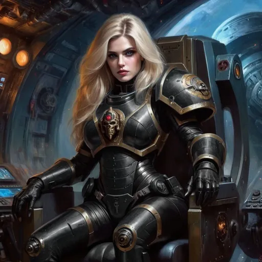 Prompt: She is sitting and has two legs she is wearing black power armor, high quality painting,  Rough Colourful pastel sketch drawing, (Full-body) oil painting portrait of human female with a face like young madonna and blonde hair, her eyes like Alexandra Daddario, she is sitting on a spaceship throne chair the color of metal, she has an imperial arrogant attitude, behind her is her crew who are all male, (((Warhammer 40k))), wh40k, fierce expression, beautiful female villain with sultry expression, oil painting, She looks regal and arrogant and hauntingly beautiful, she wears black power armor suit with solid futuristic breastplate, she wears black power armor suit with solid futuristic breastplate, large expressive eyes, Stoic epic pose, (piercing blue eyes), professional illustration, long blonde lush hair, painted, art, painterly, highly detailed eyes, (highly detailed facial features), (dark tones), highly detailed spaceship control room background, impressionist brushwork, inside a spaceship background, astra militarum imperial guard in background, grimdark, gothic fantasy, ornate officer's shoulder cape, highly detailed hands