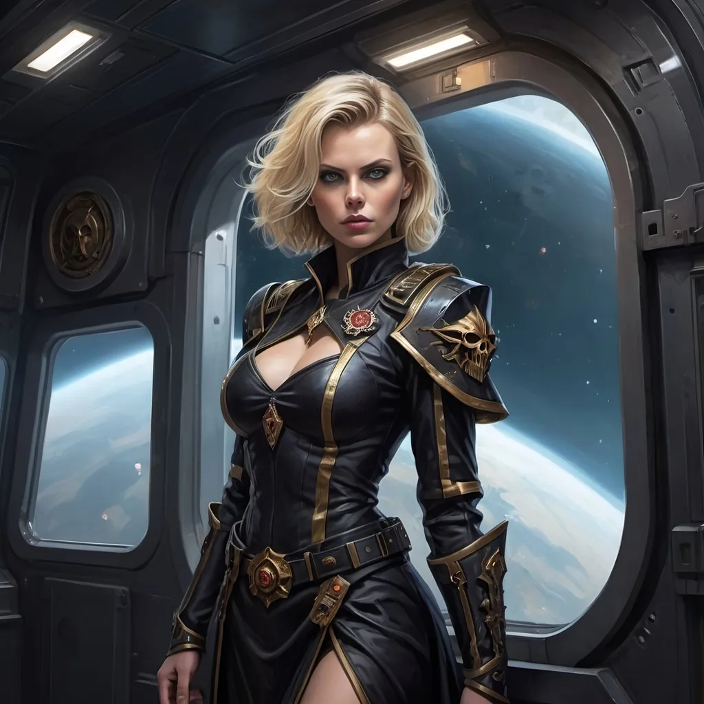 Prompt: High Quality Oil Painting, Warhammer 40k, young and beautiful female Rogue Trader Captain, perfect body, face like Charlize Theron, eyes like Alexandra Daddario. wearing ornate noble robes with gothic vibe, skin tight robes, she is a powerful warp sorceress, standing on ornate spaceship, inside the spaceship control room, gothic vibe, grimdark, dark and gritty, cathedral-like spaceship hall, in window a single planet can be seen, military vibe