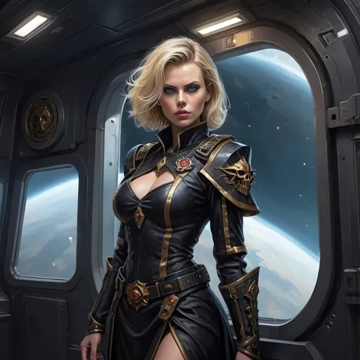 Prompt: High Quality Oil Painting, Warhammer 40k, young and beautiful female Rogue Trader Captain, perfect body, face like Charlize Theron, eyes like Alexandra Daddario. wearing ornate noble robes with gothic vibe, skin tight robes, she is a powerful warp sorceress, standing on ornate spaceship, inside the spaceship control room, gothic vibe, grimdark, dark and gritty, cathedral-like spaceship hall, in window a single planet can be seen, military vibe