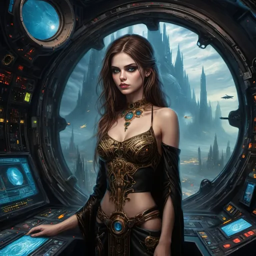 Prompt: High Quality Oil Painting, Warhammer 40k, she is occult, psyker, powerful warp sorceress showing signs of chaos corruption, young and beautiful female Rogue Trader Captain, perfect body, bare shoulders, wearing opulent noble robes with gothic vibe, standing on ornate spaceship, inside the spaceship control room, gothic vibe, grimdark, window to spaceships, dark and gritty, cathedral-like spaceship hall, in window a single planet can be seen, military vibe