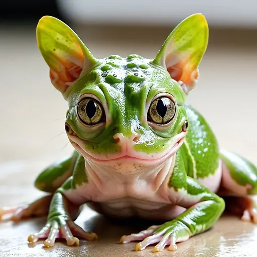 Prompt: a cat frog hybrid, merge between cat and frog, cat, face of a cat, Product of crossing a cat with a frog, cat face, frog body, hairless cat ears