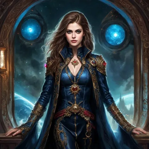 Prompt: High Quality Oil Painting, Warhammer 40k, young and beautiful female Rogue Trader Captain, perfect body, face like a top model, perfectly beautiful face, eyes like Alexandra Daddario. wearing ornate noble robes with gothic vibe, skin tight robes, she is a powerful warp sorceress, standing on ornate spaceship, inside the spaceship control room, gothic vibe, grimdark, dark and gritty, cathedral-like spaceship hall, in window a single planet can be seen, military vibe, bare shoulders, wearing cape
