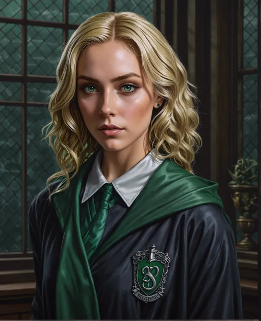 Prompt: a painting of a woman with blonde hair and a Slytherin badge on her green robe and a window behind her, Constance Gordon, fantasy art, official art, a character portrait