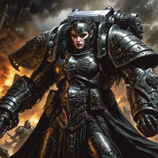 Prompt: she is a warhammer 40k spacemarine in power armor, behind her is a dark cloudy sky, Style of Luis Royo, beautiful female villain with defiant and intense expression, oil painting, Warhammer 40k, She looks regal and arrogant and hauntingly beautiful, face like Phoebe Tonkins, she wears black power armor suit with solid futuristic breastplate from warhammer 40k, supermassive power-armor like Brotherhood of Steel with cables and hydraulics, She is sitting and has TWO LEGS she is wearing BLACK POWER ARMOR, high quality painting,  Rough Colourful pastel sketch drawing, (Full-body) oil painting portrait,