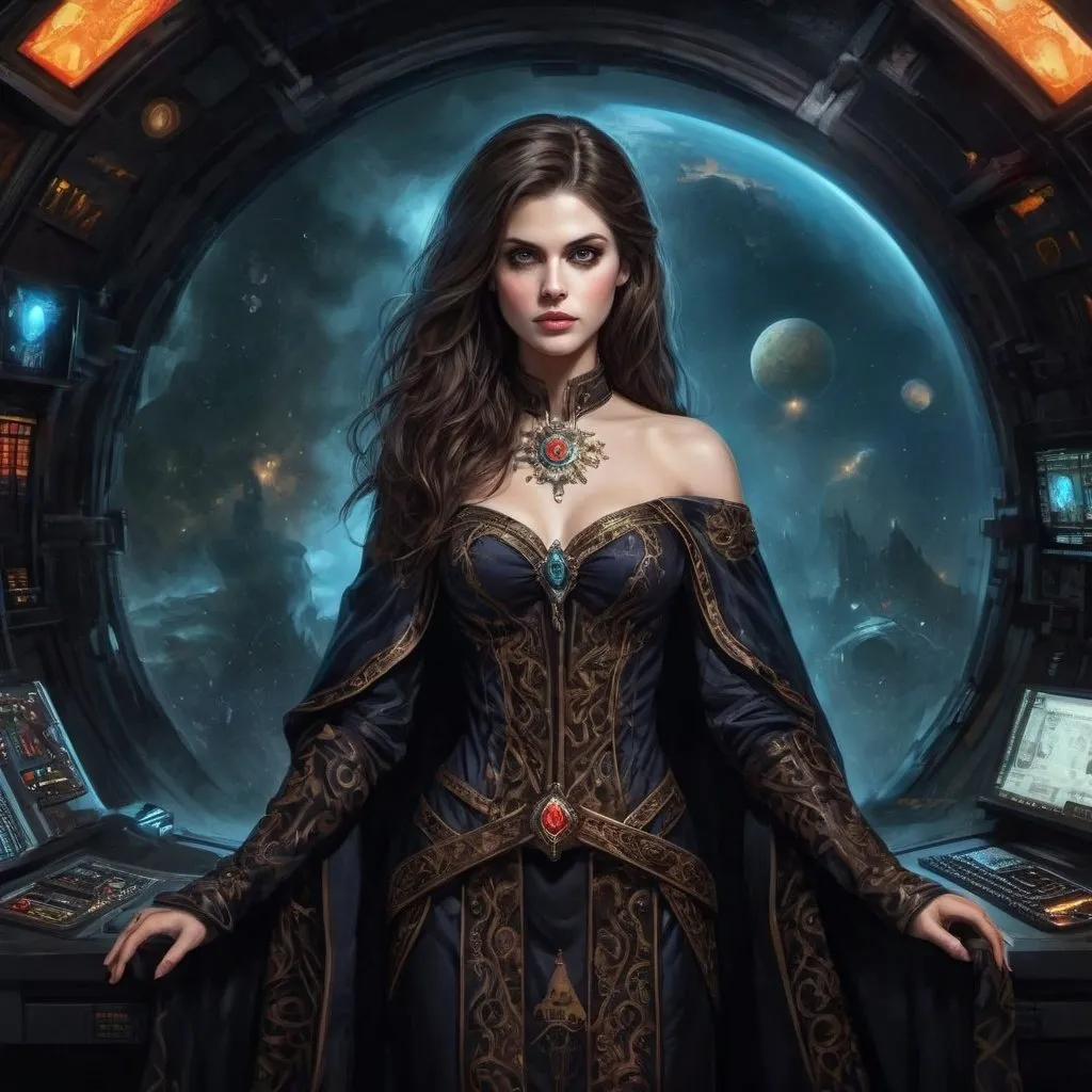 Prompt: High Quality Oil Painting, Imperium of Man, grimdark, Warhammer 40k, young and beautiful female Rogue Trader Captain, perfect body, face like a top model, perfectly beautiful face, eyes like Alexandra Daddario. wearing ornate noble robes with gothic vibe, skin tight robes, she is a powerful warp sorceress, standing on ornate spaceship, inside the spaceship control room, gothic vibe, grimdark, dark and gritty, cathedral-like spaceship hall, in window a single planet can be seen, military vibe, bare shoulders, wearing cape