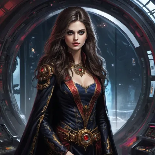 Prompt: High Quality Oil Painting, Imperium of Man, grimdark, Warhammer 40k, young and beautiful female Rogue Trader Captain, perfect body, face like a top model, perfectly beautiful face, eyes like Alexandra Daddario. wearing ornate noble robes with gothic vibe, skin tight robes, she is a powerful warp sorceress, standing on ornate spaceship, inside the spaceship control room, gothic vibe, grimdark, dark and gritty, cathedral-like spaceship hall, in window a single planet can be seen, military vibe, bare shoulders, wearing cape