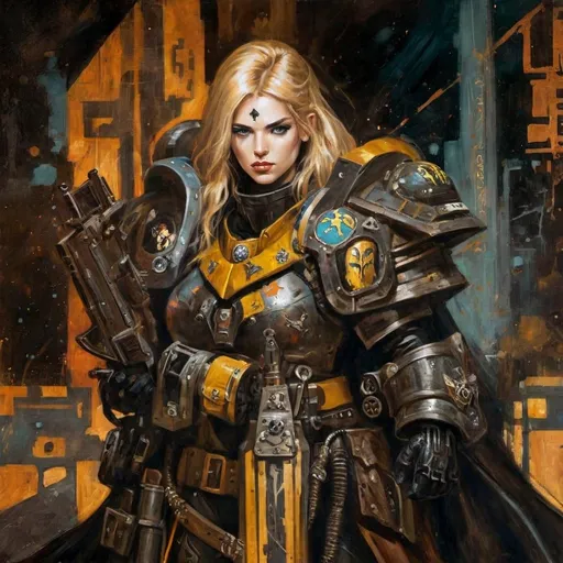 Prompt: Rough Colourful pastel sketch drawing of a woman on brown paper, oil painting portrait of human female ((Warhammer 40k Psyker)), female supermarine wearing BLACK armor, carrying a gun, wearing supermassive power armor that is black, highly detailed dark war zone background,  Warhammer 40k,  Imperium of Man, full body view, grimdark, gothic fantasy, highly detailed eyes, (highly detailed facial features), (dark tones), wearing ornate robes and skintight pants,  impressionist brushwork, dark battlefield background, outside, exterior, astra militarum imperial guard, active war zone background, (((Warhammer 40k))), wh40k, fierce expression, large expressive eyes, Stoic epic standing pose, (piercing blue eyes), professional illustration, long blonde lush hair, painted, art, painterly,