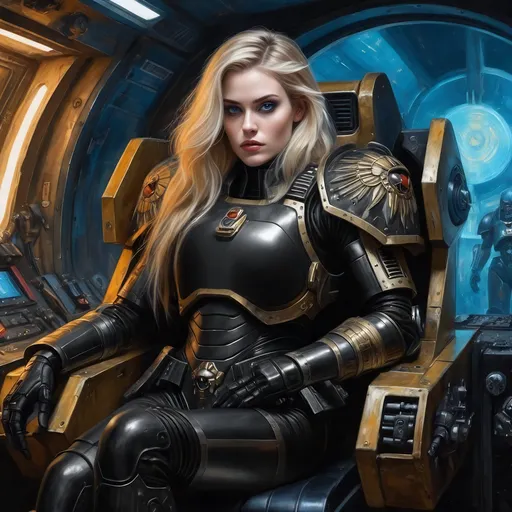 Prompt: She is sitting and has two legs she is wearing black power armor, high quality painting,  Rough Colourful pastel sketch drawing, (Full-body) oil painting portrait of human female with a face like young madonna and blonde hair, her eyes like Alexandra Daddario, she is sitting on a spaceship throne chair the color of metal, she has an imperial arrogant attitude, behind her is her crew who are all male, (((Warhammer 40k))), wh40k, fierce expression, beautiful female villain with sultry expression, oil painting, She looks regal and arrogant and hauntingly beautiful, she wears black power armor suit with solid futuristic breastplate, she wears black power armor suit with solid futuristic breastplate, large expressive eyes, Stoic epic pose, (piercing blue eyes), professional illustration, long blonde lush hair, painted, art, painterly, highly detailed eyes, (highly detailed facial features), (dark tones), highly detailed spaceship control room background, impressionist brushwork, inside a spaceship background, astra militarum imperial guard in background, grimdark, gothic fantasy, ornate officer's shoulder cape, highly detailed hands
