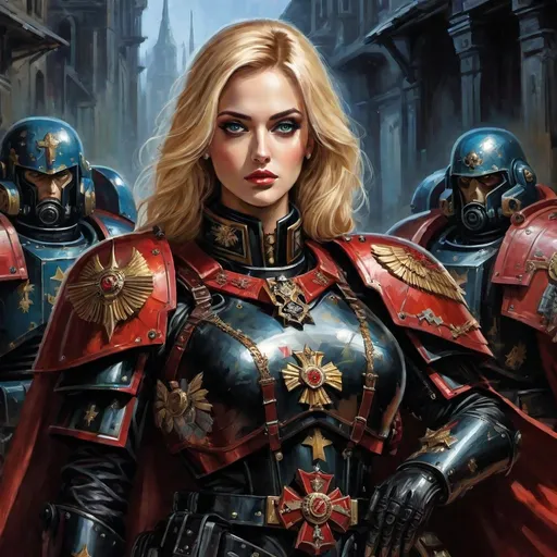 Prompt: Massive Spacemarine plated power armor suit, serious expression, (full-body) oil painting of attractive female human,(Full-body) oil painting portrait of human female ((Warhammer 40k commissar)), {40k imperial guard regiment} in background, (((Warhammer 40k))), wh40k, fierce expression, large expressive eyes, Stoic epic standing pose, (piercing blue eyes), professional illustration, long blonde lush hair, painted, art, painterly, {40k imperial guard commissar}, ((heavy flak armor)) {chest piece} breastplate, ornate red and black trench-coat decorated with military medals, ornate military epaulets with ({gold tassels}), highly detailed eyes, (highly detailed facial features), (dark tones), highly detailed dark war zone background, impressionist brushwork, dark battlefield background, outside, exterior, astra militarum imperial guard, active war zone background, (wh40k imperial guard) regiment in background, grimdark, gothic fantasy, ornate officer's shoulder cape, highly detailed hands, (40k {imperial guardsmen} {astra militarum} in background), 
