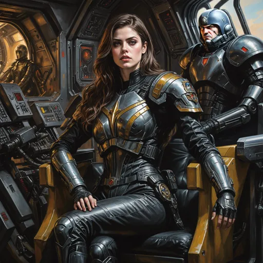 Prompt: She is sitting, high quality painting, Rough Colourful pastel sketch drawing, (Full-body) oil painting portrait of human female ((Warhammer 40k commissar)), she is sitting on a spaceship throne chair, she has an imperial arrogant attitude, behind her is her crew, {40k imperial guard regiment} in background, (((Warhammer 40k))), wh40k, fierce expression, large expressive eyes, Stoic epic standing pose, (piercing blue eyes), professional illustration, long blonde lush hair, painted, art, painterly, {40k imperial guard commissar}, ((heavy flak armor)) {chest piece} breastplate, ornate red and black trench-coat decorated with military medals, ornate military epaulets with ({gold tassels}), highly detailed eyes, (highly detailed facial features), (dark tones), highly detailed spaceship control room background, impressionist brushwork, inside a spaceship background,, astra militarum imperial guard in background, (wh40k imperial guard) regiment in background, grimdark, gothic fantasy, ornate officer's shoulder cape, highly detailed hands, (40k {imperial guardsmen} {astra militarum} in background), 