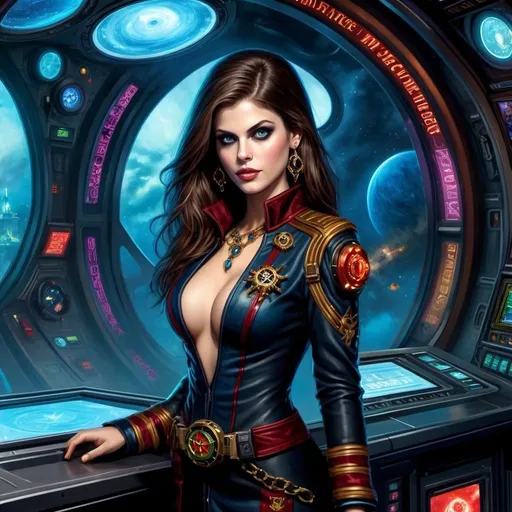 Prompt: High Quality Oil Painting, Warhammer 40k, young and beautiful female Rogue Trader Captain, perfect body, face like a top model, perfectly beautiful face, eyes like Alexandra Daddario. wearing ornate noble robes with gothic vibe, skin tight robes, she is a powerful warp sorceress, standing on ornate spaceship, inside the spaceship control room, gothic vibe, grimdark, dark and gritty, cathedral-like spaceship hall, in window a single planet can be seen, military vibe