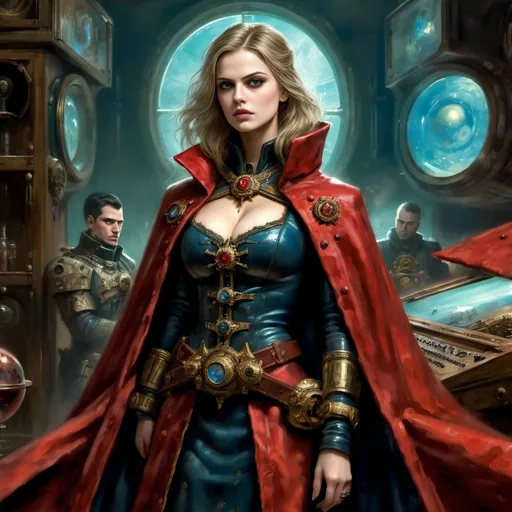 Prompt: she is standing in spaceship control room in front of a window where spaceships and a planet is visible, powerful warp sorceress, deep blue eyes, wearing (gothic) military uniform, (full-body) oil painting of attractive female human, in the background is imperial officers, female psionic wielding magic warp power, warhammer psyker,  warhammer 40k, female psyker, imperium of man, gothic,  face similar to charlize theron and Phoebe Tonkin, Alexandra Daddario, Ariana Grande, Natalie Portman, "warhammer 40000", narrow frame, summoning warp energies with one hand, calm serious albeit haunted expression, attractive detailed face, big expressive eyes, haunted expression, dark moody atmospheric lighting, highly detailed background, dark gritty tones, highly detailed, professional illustration, painted, art, painterly, impressionist brushwork, thick blonde hair, , ((piercing blue eyes)), wearing red cape