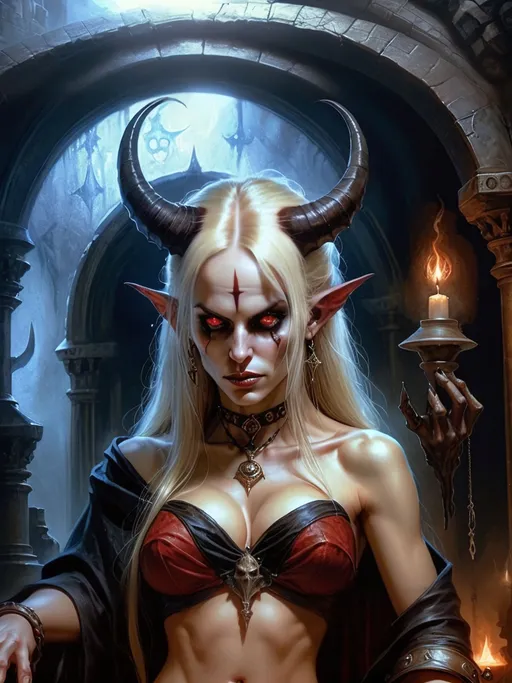 Prompt: oil painting, high quality, style of Luis Royo, demon-girl, very detailed, blonde hair, female tiefling, with dark curved demon horns on her head, catlike eyes, large red eyes, face of a top model, perfect body, female wizard, pointy ears, wearing robes, succubus