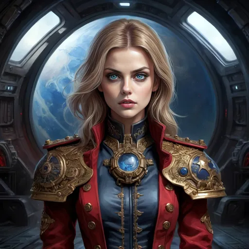 Prompt: face similar to charlize theron and Phoebe Tonkin, Alexandra Daddario, Ariana Grande, Natalie Portman, Nicole Kidman, calm serious albeit haunted expression, (full-body) oil painting of attractive female human Warhammer 40k inquisitor, dressed in imperial uniform, standing in detailed 40k spaceship control room, standing in front of spaceship window with a planet in view, attractive detailed face, big expressive eyes, haunted expression, dark moody atmospheric lighting, dark gothic fantasy architecture, highly detailed background, dark gritty tones, highly detailed, professional illustration, painted, art, painterly, impressionist brushwork, thick blonde styled hair, , ((piercing blue eyes)), dark rich wood, ornate columns, intricate marble flooring, high detailed background, professional, warhammer 40k imperium of man, wh40k, imperial palace, imperium of man aquila decoration, ornate gothic military uniform, fancy gold coat-of-arms (brooch), intricately embroidered (red waistcoat), ornate fancy noble's (trench-coat), (Valeriy Vegera art style), ((highly detailed facial features)), royal epic stately standing pose, ornate fancy gold jeweled rings on fingers, 