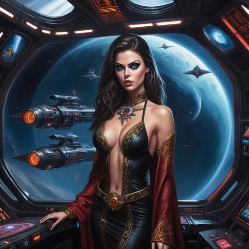 Prompt: High Quality Oil Painting, Warhammer 40k, young and beautiful female Rogue Trader Captain, perfect body, face like Charlize Theron, eyes like Alexandra Daddario. wearing ornate noble robes with gothic vibe, skin tight robes, she is a powerful warp sorceress, standing on ornate spaceship, inside the spaceship control room, gothic vibe, grimdark, dark and gritty, cathedral-like spaceship hall, in window a single planet can be seen, military vibe