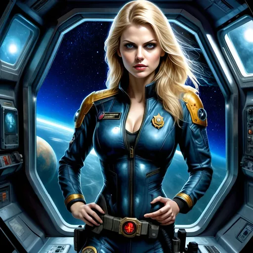 Prompt: warhammer 40k, beautiful face, eyes like alexandra daddario, high quality oil painting, attractive female psyker, blonde hair, sanctioned psyker officer from imperium of man, wearing gothic occultist robe officer uniform, grimdark, gritty, sanctioned psyker officer from imperium of man, standing in spaceship hallway next to window to space, planet and spaceships visible in window, dangerous gleam in big expressive detailed eyes, small chest, narrow frame