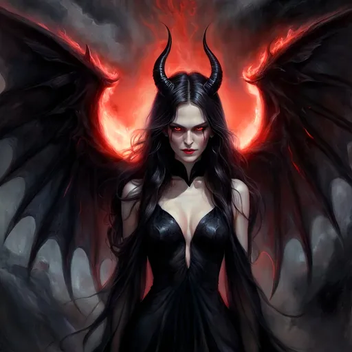 Prompt: oil painting, Full body portrait, succubus, red eyes, detailed huge demon-wings, flowing and lush dark hair, black corsage, black fabric clothes, high quality, oil painting, fantasy, dark tones, murky atmospheric lighting, detailed features, alluring, fantasy art, mystical, atmospheric, glowing red eyes, devilish horns and wings, flowing black hair, mystical aura, shadowy and atmospheric lighting, high quality, traditional sketch, mystical, pencil drawing, glowing eyes, devilish horns, flowing hair, sultry, intricate, dark and moody, atmospheric lighting