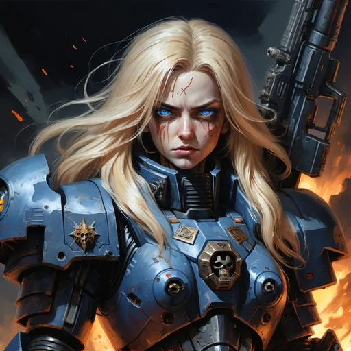 Prompt: highly detailed dark war zone background, carrying a gun, wearing supermassive power armor that is black, Warhammer 40k, oil painting portrait of human female ((Warhammer 40k Psyker)), Imperium of Man, full body view, grimdark, gothic fantasy, highly detailed eyes, (highly detailed facial features), (dark tones), wearing ornate robes and skintight pants,  impressionist brushwork, dark battlefield background, outside, exterior, astra militarum imperial guard, active war zone background, (((Warhammer 40k))), wh40k, fierce expression, large expressive eyes, Stoic epic standing pose, (piercing blue eyes), professional illustration, long blonde lush hair, painted, art, painterly,