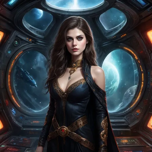 Prompt: High Quality Oil Painting, Warhammer 40k, young and beautiful female Rogue Trader Captain, perfect body, bare shoulders, face like a top model, perfectly beautiful face, eyes like Alexandra Daddario. wearing ornate noble robes with gothic vibe, skin tight robes, she is a powerful warp sorceress, standing on ornate spaceship, inside the spaceship control room, gothic vibe, grimdark, window to spaceships, dark and gritty, cathedral-like spaceship hall, in window a single planet can be seen, military vibe