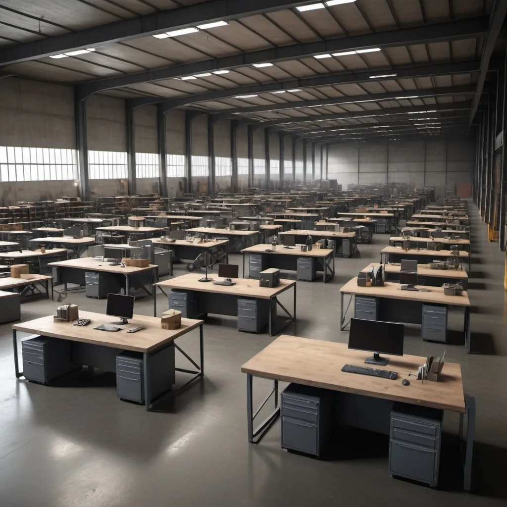 Prompt: huge warehouse completely full with
office desks for sale
