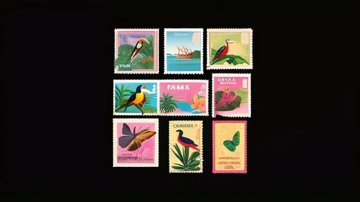 Prompt:  stamps of The Panama Canal with a lock and a ship, A traditional pollera dress, The Bridge of the Americas at sunset, A golden frog in a lush jungle background,  A vibrant toucan on a branch, A 'sombrero pintao' and a buterfly . the colors must be pastels